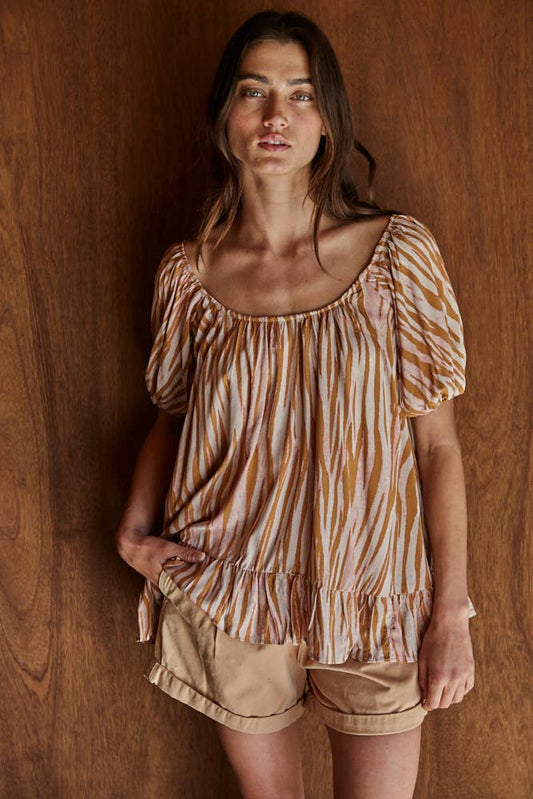 Animal Print Square Neck Ruffle Top