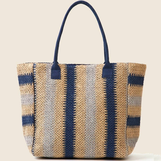Navy Striped Straw Tote