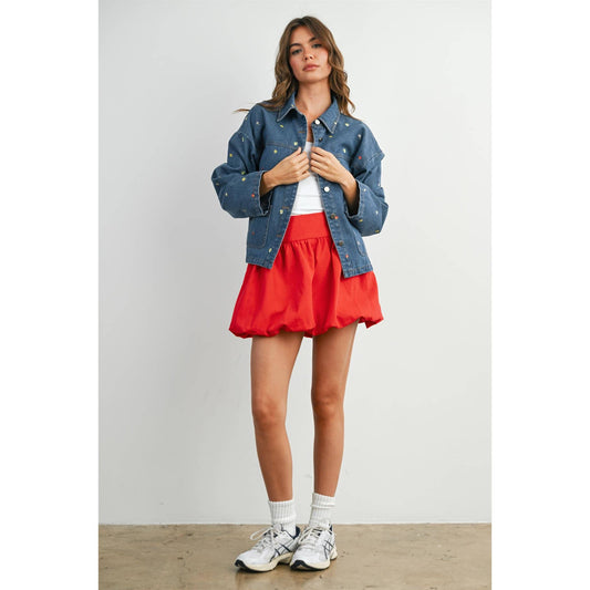 Embroidered Button-Front Denim Jacket