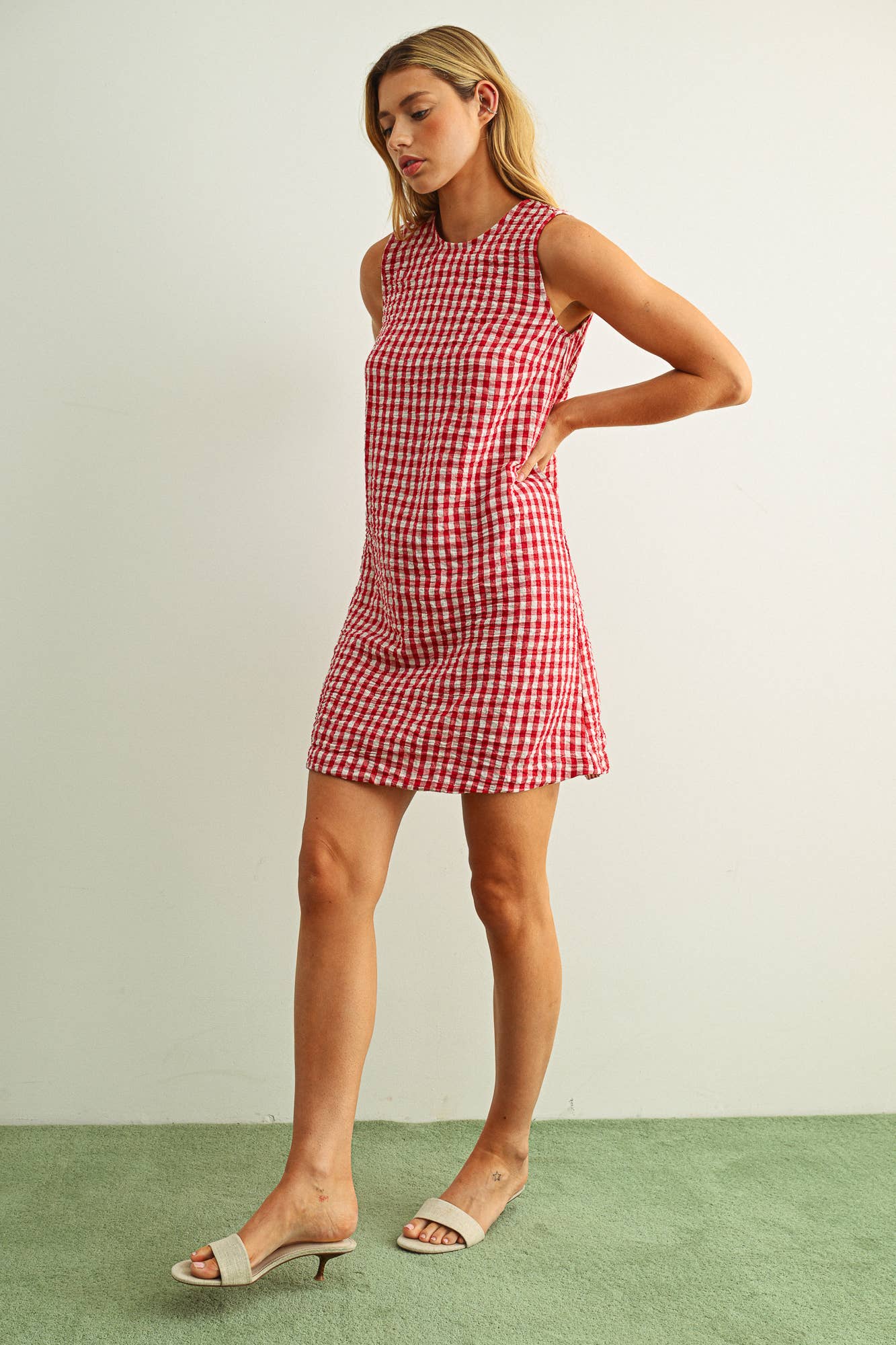 Gingham Pattern Open Back Mini Dress