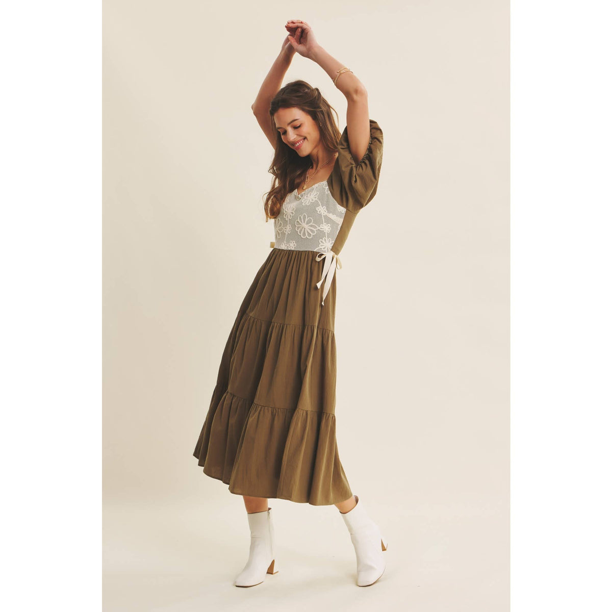 Rustic Bloom Crochet Cotton Midi Dress
